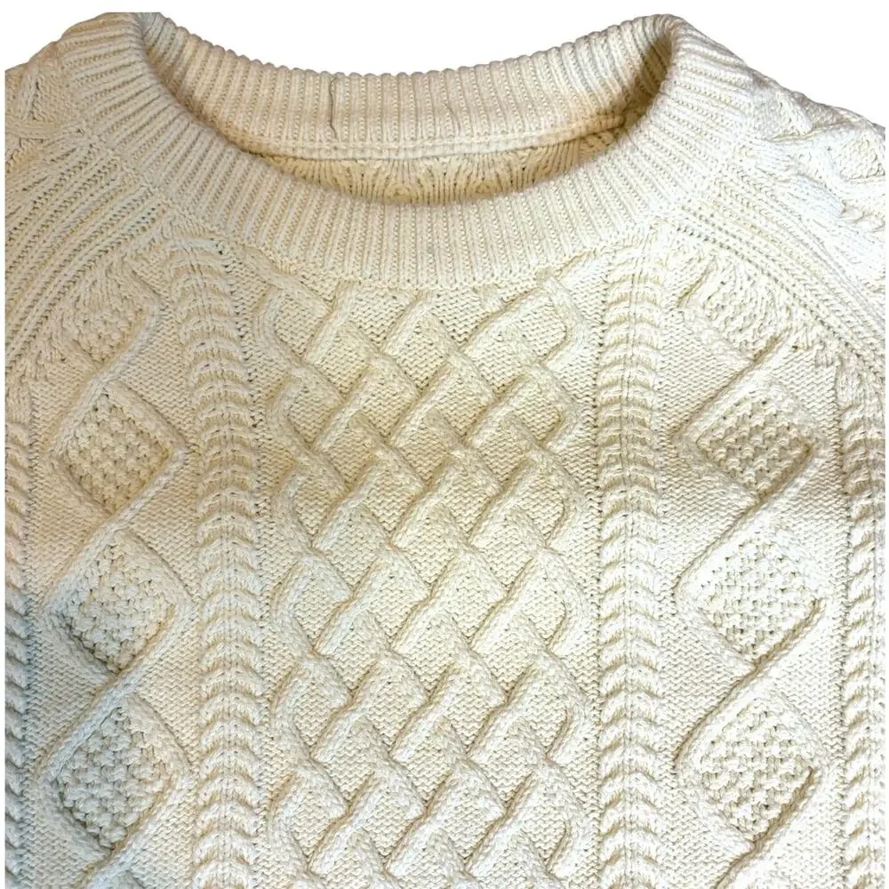 J. Crew Women's Ivory Cream Fisherman Sweater MEDIUM Cotton Cable Knit Crew Neck